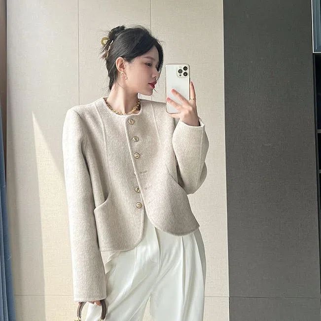 Женское шерстяное пальто однобортное с круглым вырезом модная зимняя короткая одежда