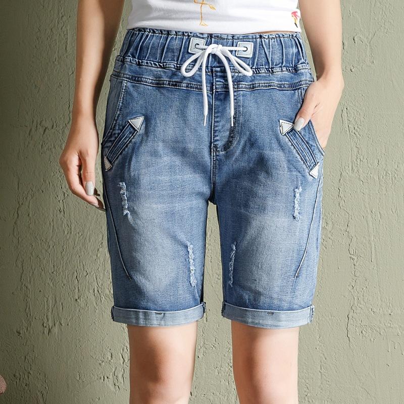 Джинсовые шорты большого размера для девочек, весенние эластичные свободные рваные брюки с высокой талией и широкими штанинами
