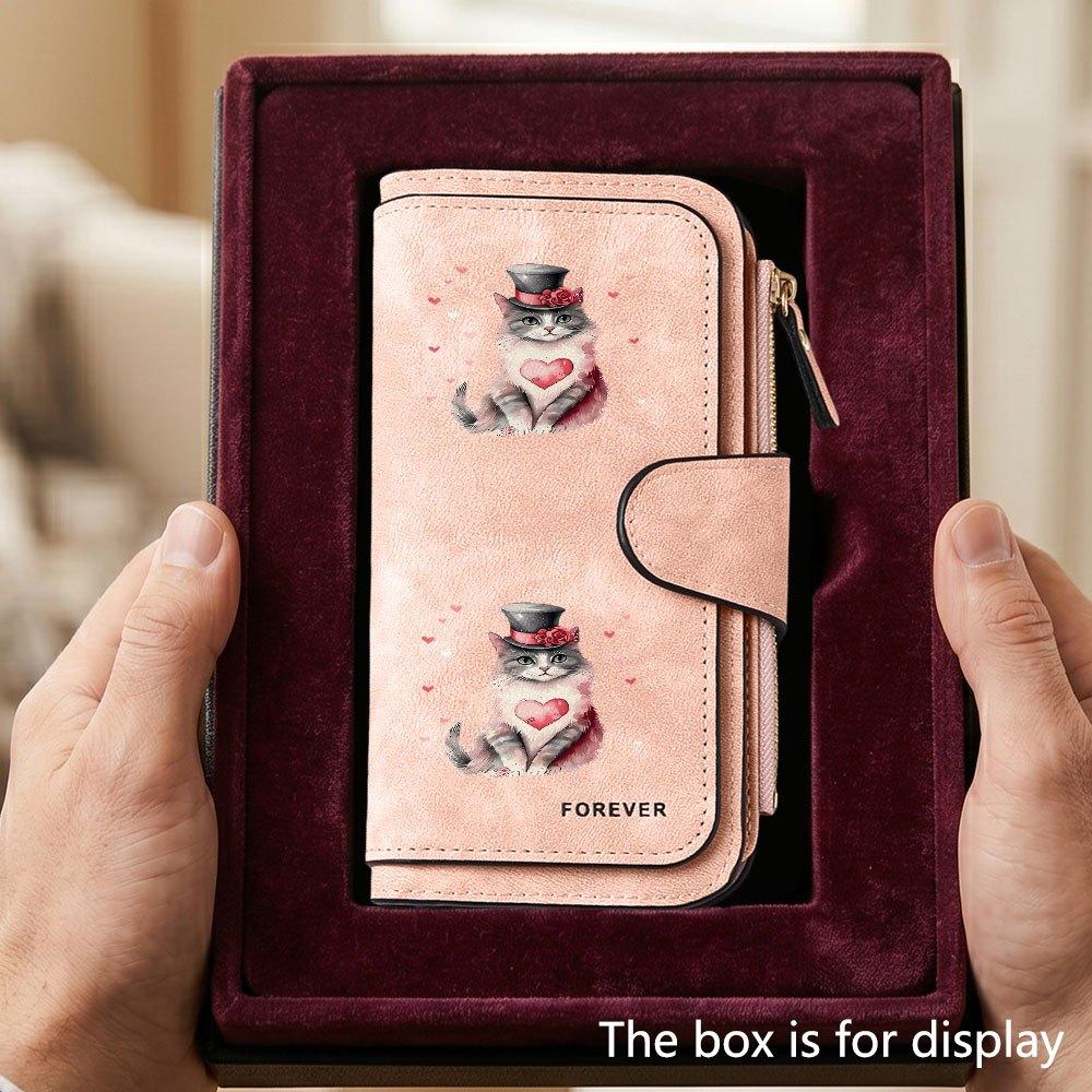 Unique top-hatted cat men's large-capacity wallet with business card slot and cash pocket, suitable for formal occasions and office use, a gift for