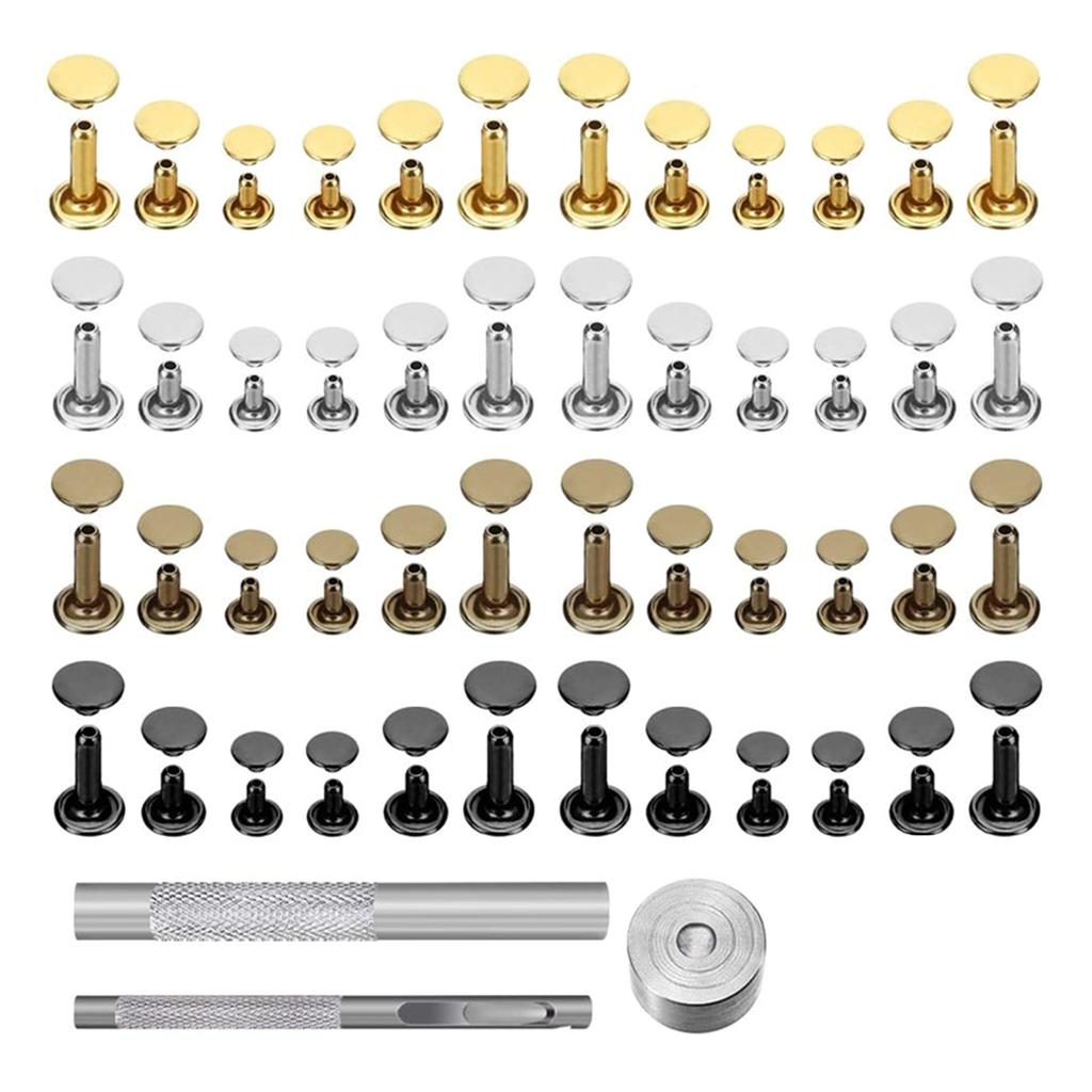 180 Sets Leather Rivets Double Caps Rivet Tubular Metal Studs with 3 Setting Tool Punch Plier for Leather Craft Repair