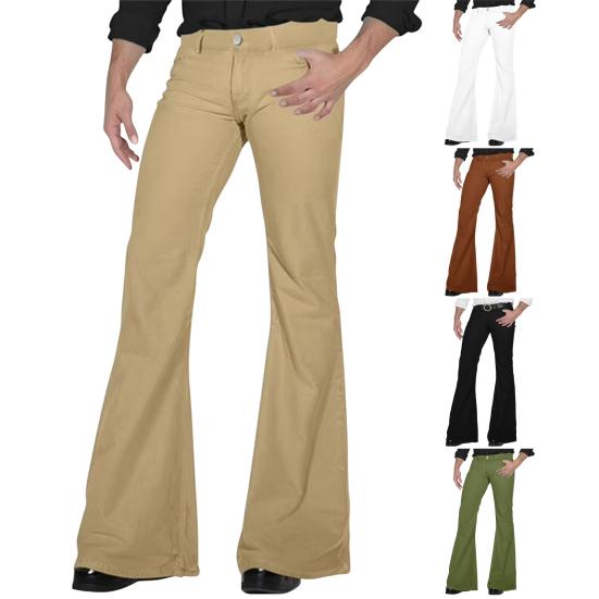 Мужские расклешенные брюки с 4 карманами, средней посадки, однотонные, на пуговице и молнии, длинные