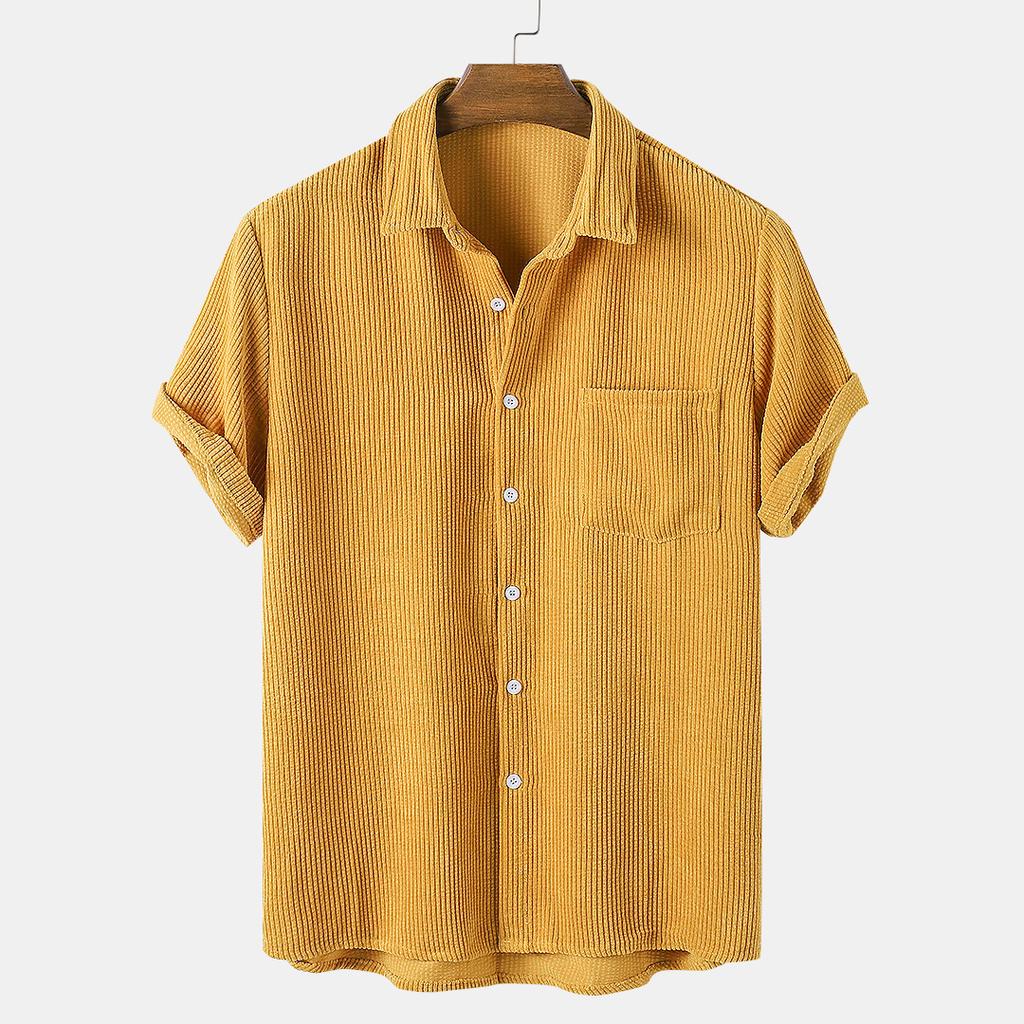 Мужские вельветовые рубашки с коротким рукавом, однотонные топы на пуговицах