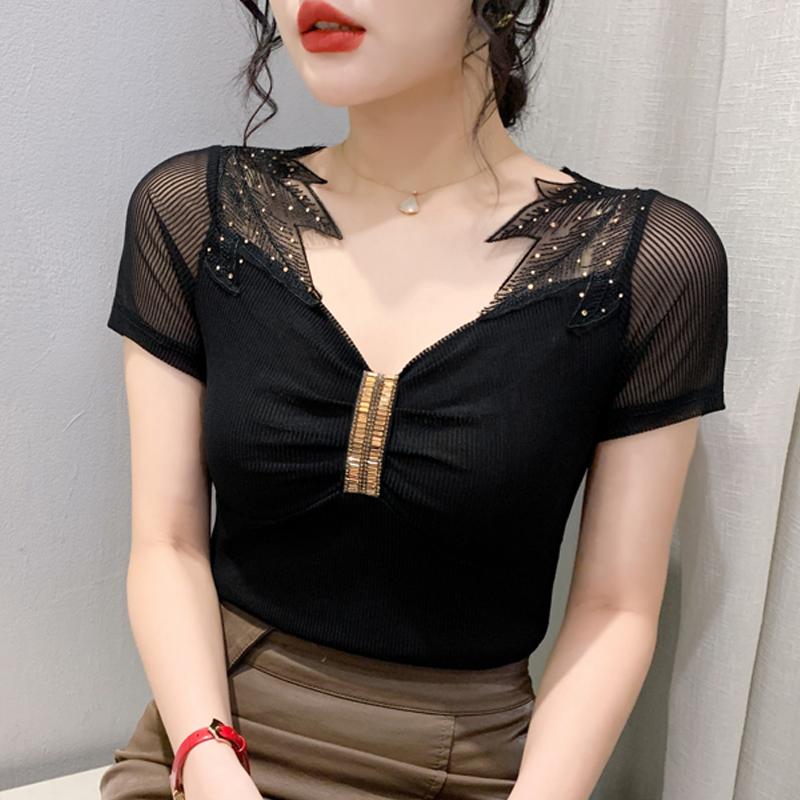 Модная новая летняя футболка с коротким рукавом и V-образным вырезом, женская облегающая футболка, женские топы, футболки J383