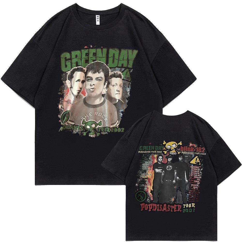 Редкие Панк-группа Green Day Popdisaster Тур 2002 Футболки Унисекс Женские Винтажные Готик-Рок Оверсайз Футболка Мужские Хлопок Повседневные Футболки