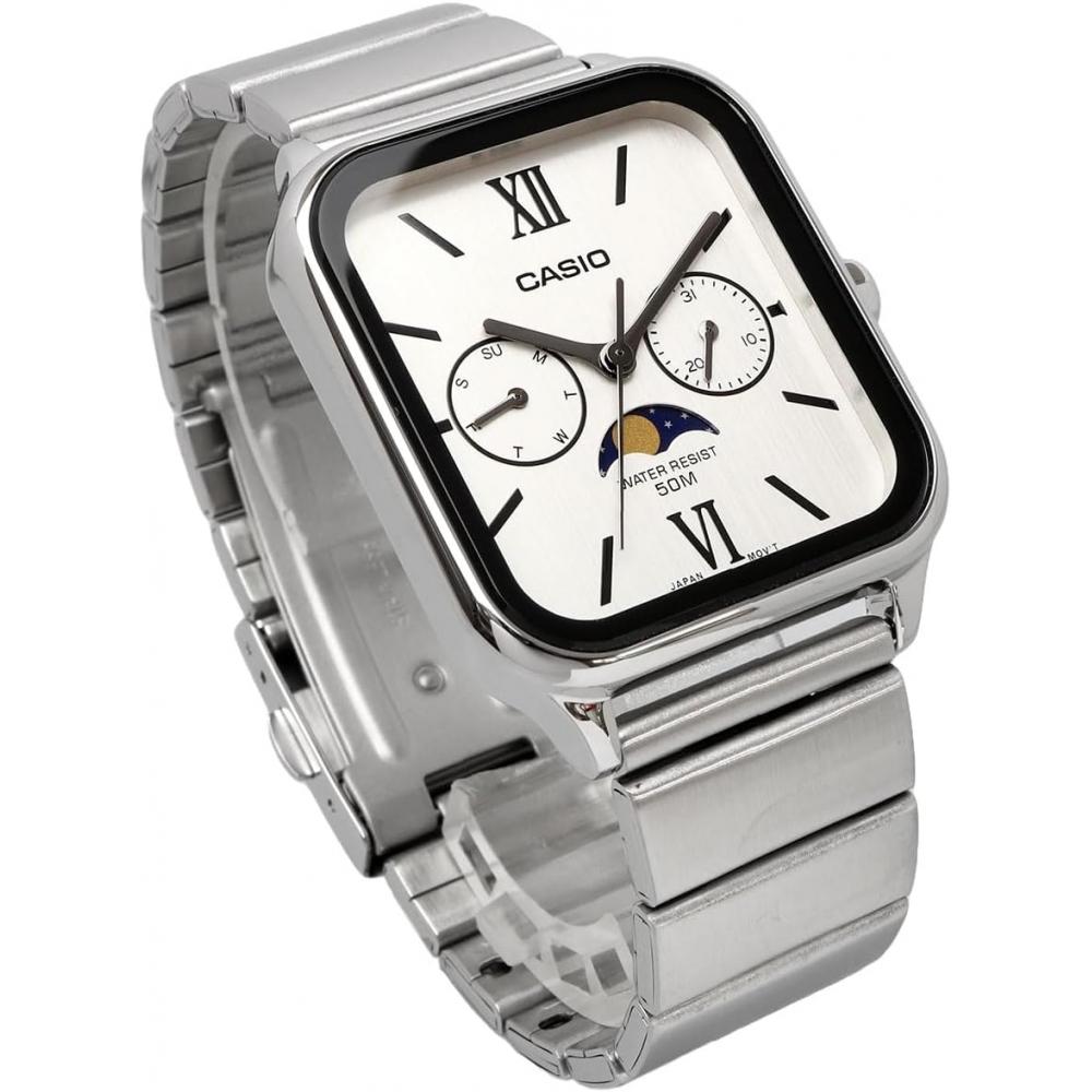 CaSio Men S Analog Moon phaSe Watch Silver Metal Band Mtp M305d 7a2v