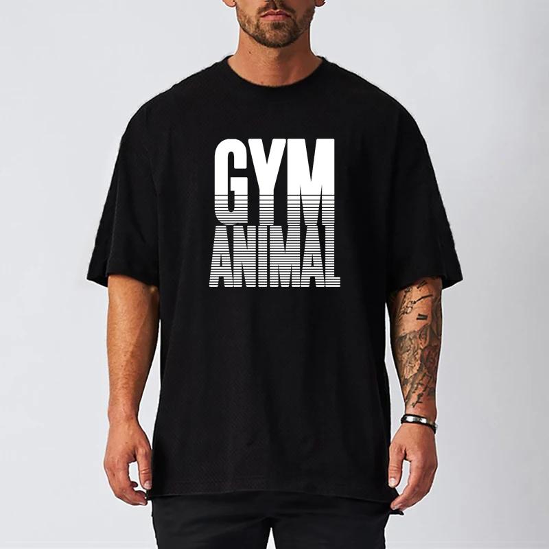 Muscleguys Спортивные футболки с принтом животных для мужчин, оверсайз, со спущенными плечами, с рукавом до локтя, летняя, быстросохнущая сетчатая одежда, фитнес, свободная футболка