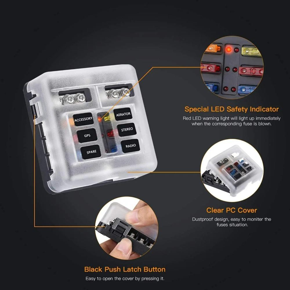 12V 6-Way Blade Fuse Block with LED Indicator Waterproof Protection Cover and Label Sticker for Automotive Car Truck Trailer