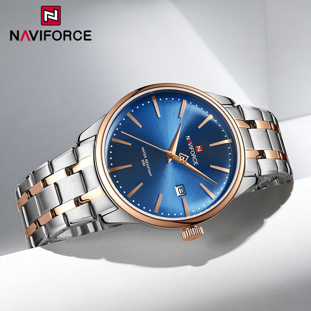 Naviforce Мужские часы из нержавеющей стали, водонепроницаемые деловые наручные часы с дисплеем даты, оригинальные кварцевые мужские часы