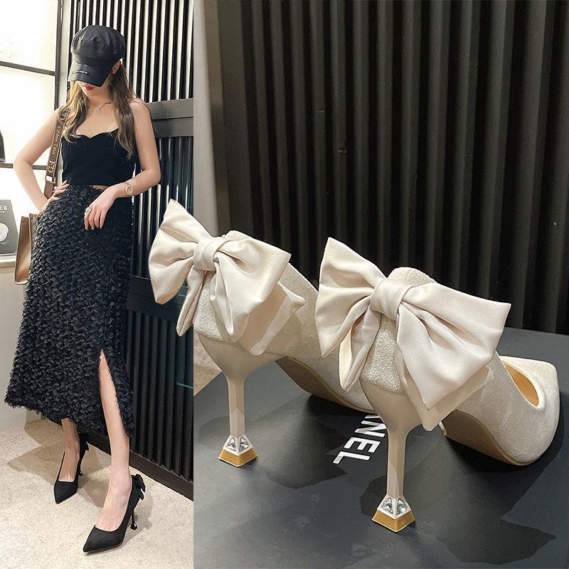 Универсальные туфли-стилетто, нишевый дизайн, бант, темпераментные туфли на высоком каблуке, осенние новые остроносые туфли-лодочки для женщин