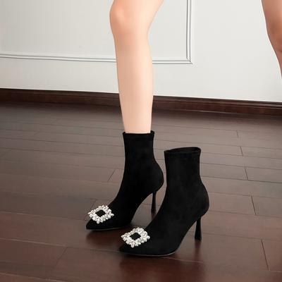 Осень-зима 2025 новые эластичные сапоги темпераментные универсальные модели острый носок тонкий каблук тонкие сапоги модный каблук цветная пряжка со стразами