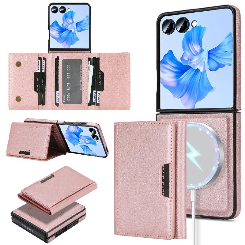 Samsung Z Flip7 Wireless Charging Phone Case with Magnetic Tri-fold Card Holder, Leather Sticker, Velvet Inner, 6-Level Protection.