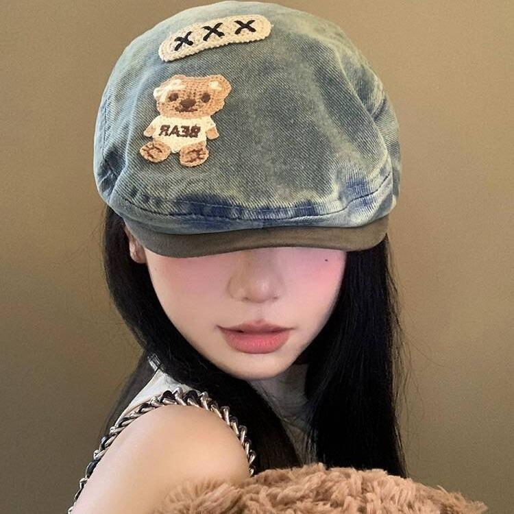 Милая джинсовая шляпа с нашивкой в виде медведя, женская ретро-многофункциональная шляпа с лицом, маленькая потертая шляпа старого художника