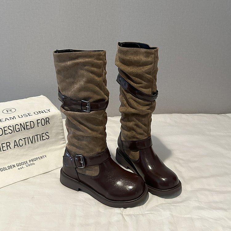 Belt buckle locomotive boots women's new round head medium boots retro style knight boots fashion boots design sense women's boots
