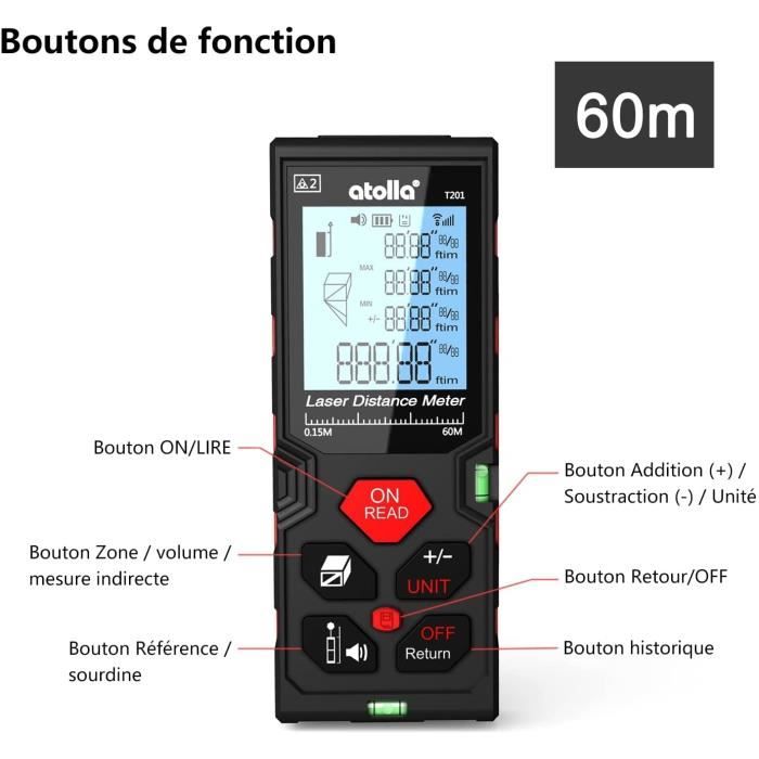 Télémètre Laser Numérique 60M.Atolla Metre Laser avec 2 Niveaux à Bulle et Fonction Muet.Auto-étalonnage et Mesure Continue.[11]