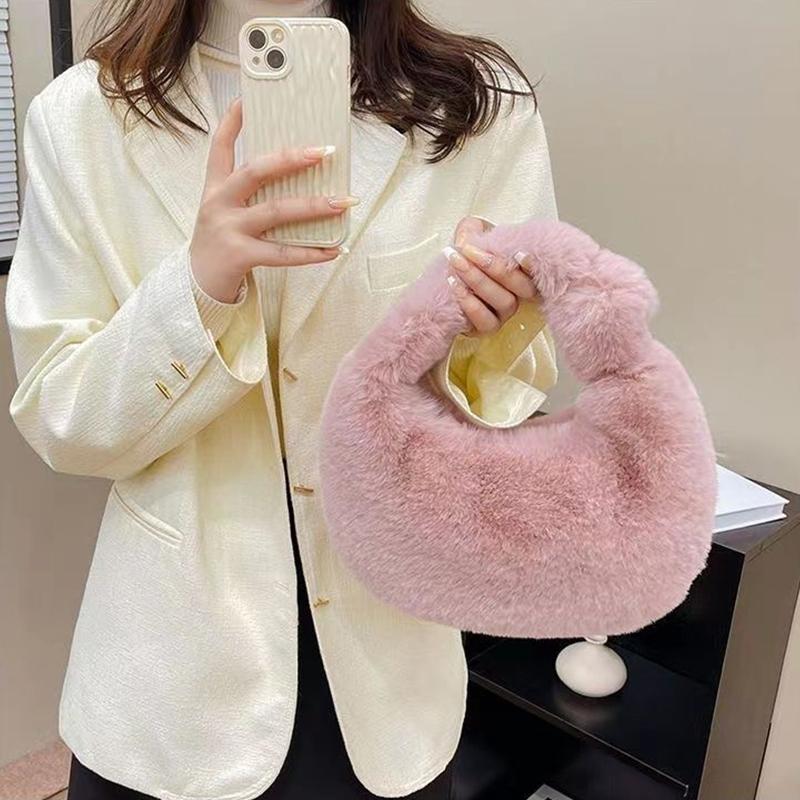 Yogodlns Меховая женская маленькая сумка в форме полумесяца, роскошные теплые плюшевые сумки на запястье для женщин, модный меховой клатч с короткой ручкой, милые женские кошельки для монет