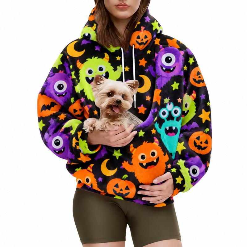 Womens Oversized Hooded Sweatshirt 2026 Fall Halloween 3D Print Long Sleeve Loose Fit Flannel Top Casual Wear