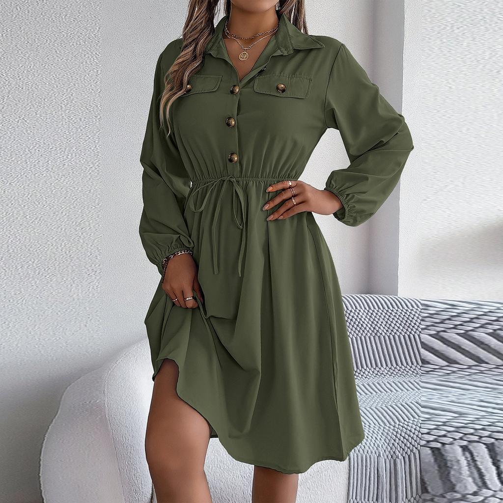 Женское модное ретро однотонное платье с длинными рукавами и завязками на талии и лацканами