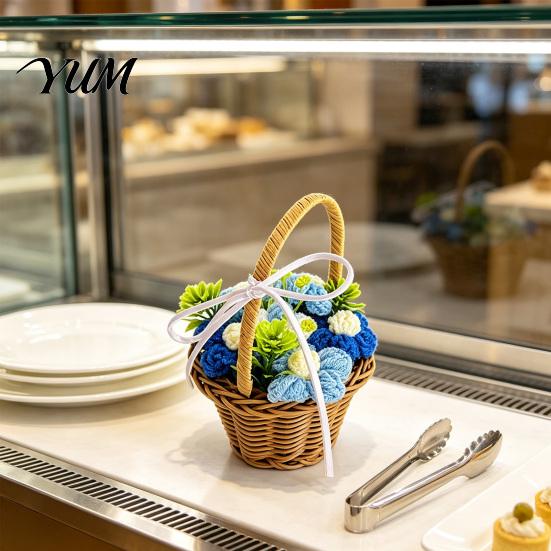Handmade Woolen Flower Decor Hand Knitted Wool Basket, Decorative Mini Crocheted Floral with Gifts for Special Occasions Ribbon, Plant Ornament