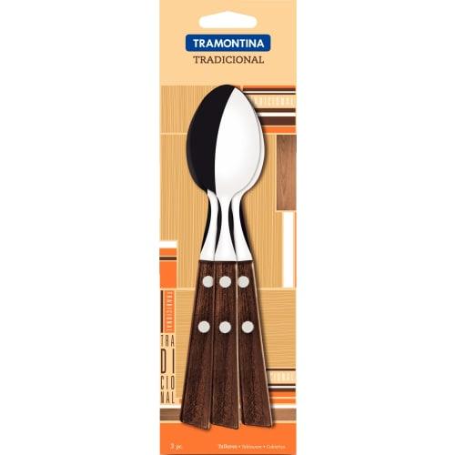 Tramontina Wooden Handle Table Spoons, 19cm, Traditional Style, Set of 3, Blister Pack, Lightweight, Natural Wood, Made in Brazil, 22203/300 TRAMONTIN