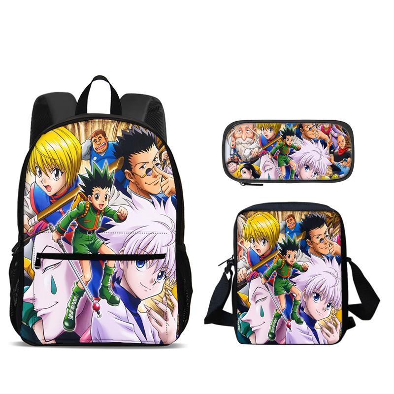 HUNTER × HUNTER Рюкзак Пенал Сумка через плечо Набор из 3 предметов Аниме Принт Детский сад Мальчики и Девочки Новый Большая вместимость Легкий