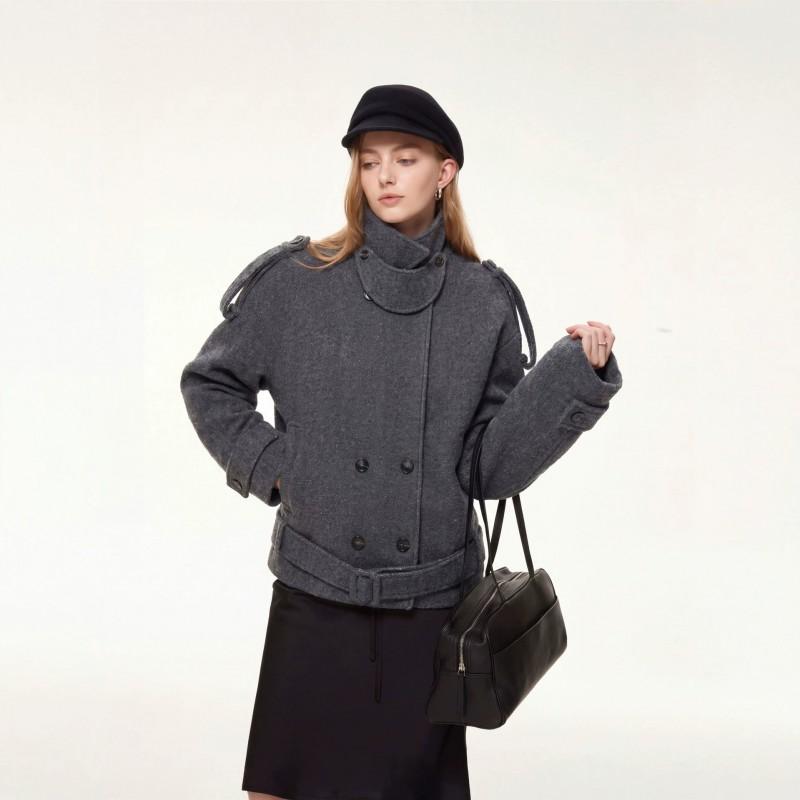 Oakland Vintage Womens Wool Blend Coat Loose Fit Stand Collar Single Breasted Belted Casual Outerwear