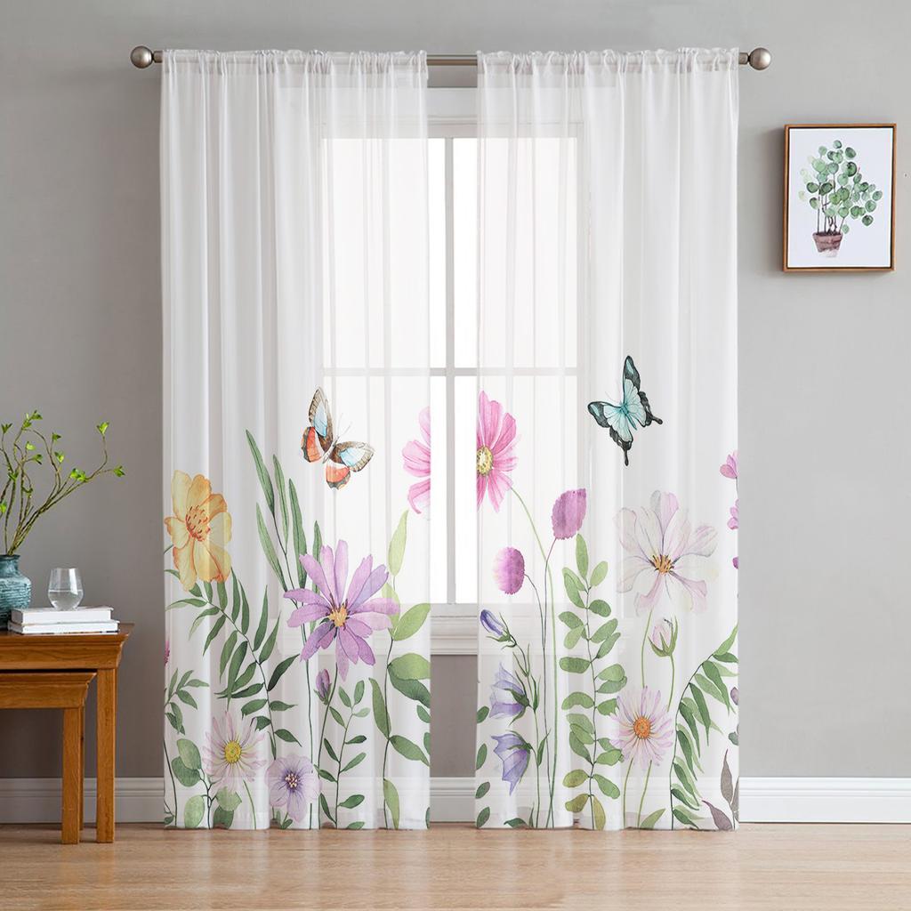 Spring Flower Butterfly Sheer Curtains For Living Room Bedroom Home Decor Kitchen Tulle For Windows Voile Drapes