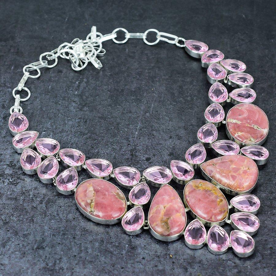 Родохрозит, кунцит 925 стерлингового серебра ювелирные изделия Подарочное ожерелье 18" L2V72