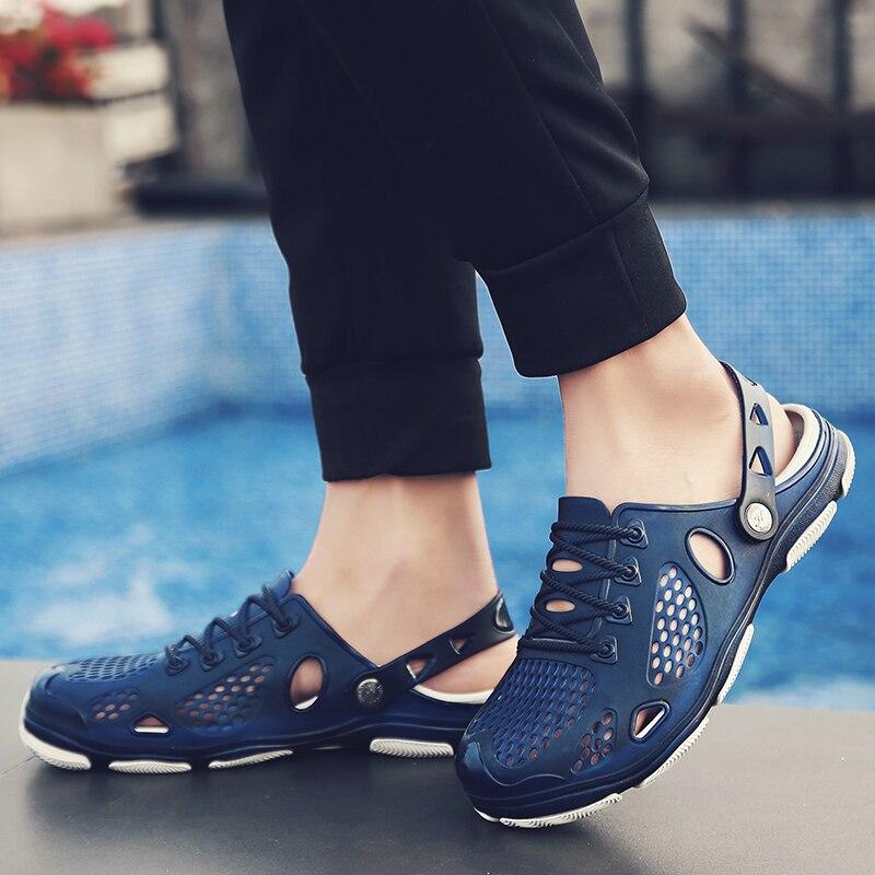 Летние мужские сандалии, пляжные тапочки, модные уличные тапочки, повседневная пляжная обувь для водного спорта, дышащие полые шлепанцы, дешевые мужские кроссовки Aqua