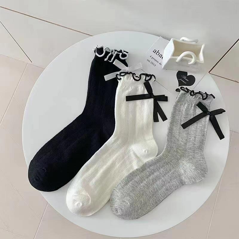 New Thin Mid Tube Socks Bow Anti Pilling Pile Socks Breathable Hollow Mesh JK Socks Spring/Summer