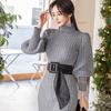 Autumn Winter New Korean Style Long Sleeve Women's Fashion Turtleneck Warm Long Maxi Knitting Pullover Sweater Dresses With Belt