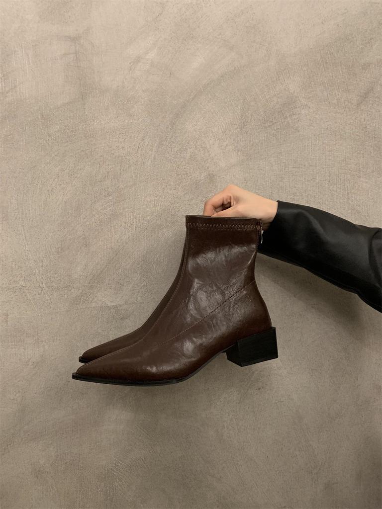 Короткие французские сапоги на толстом каблуке коричневого цвета, женская обувь, весна, осень и зима 2024, новые тонкие голые сапоги, ковбойские сапоги в стиле вестерн