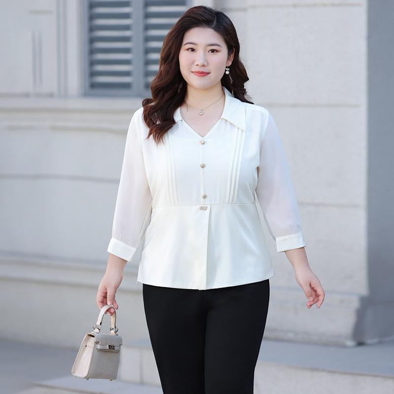 Chiffon Top Plsize Women's Clothing Loose and Elegant Shirt Spring and Summer Semi-open Collar Short-sleeved Shirt
