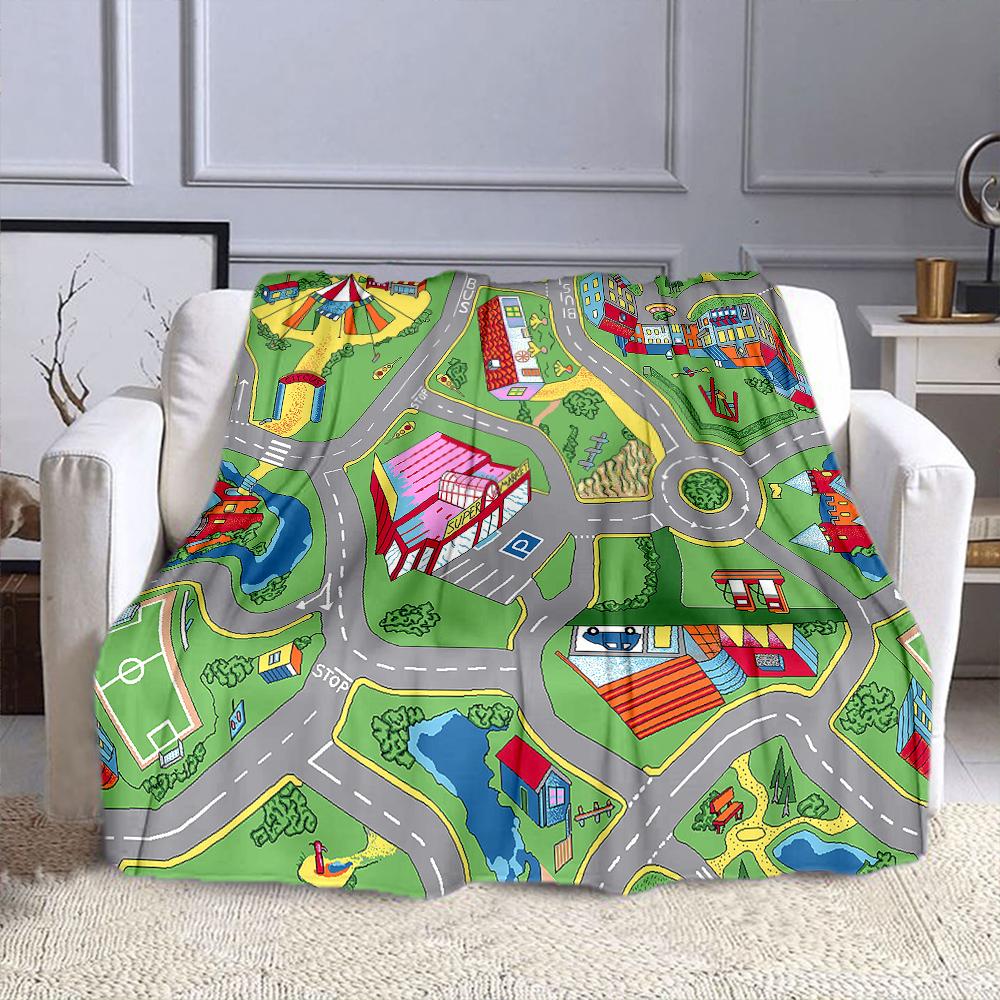 Colorful City Map with Roads and Buildings Patterned flannel blanket perfect for the bedroom living room, sofa, or a little nap