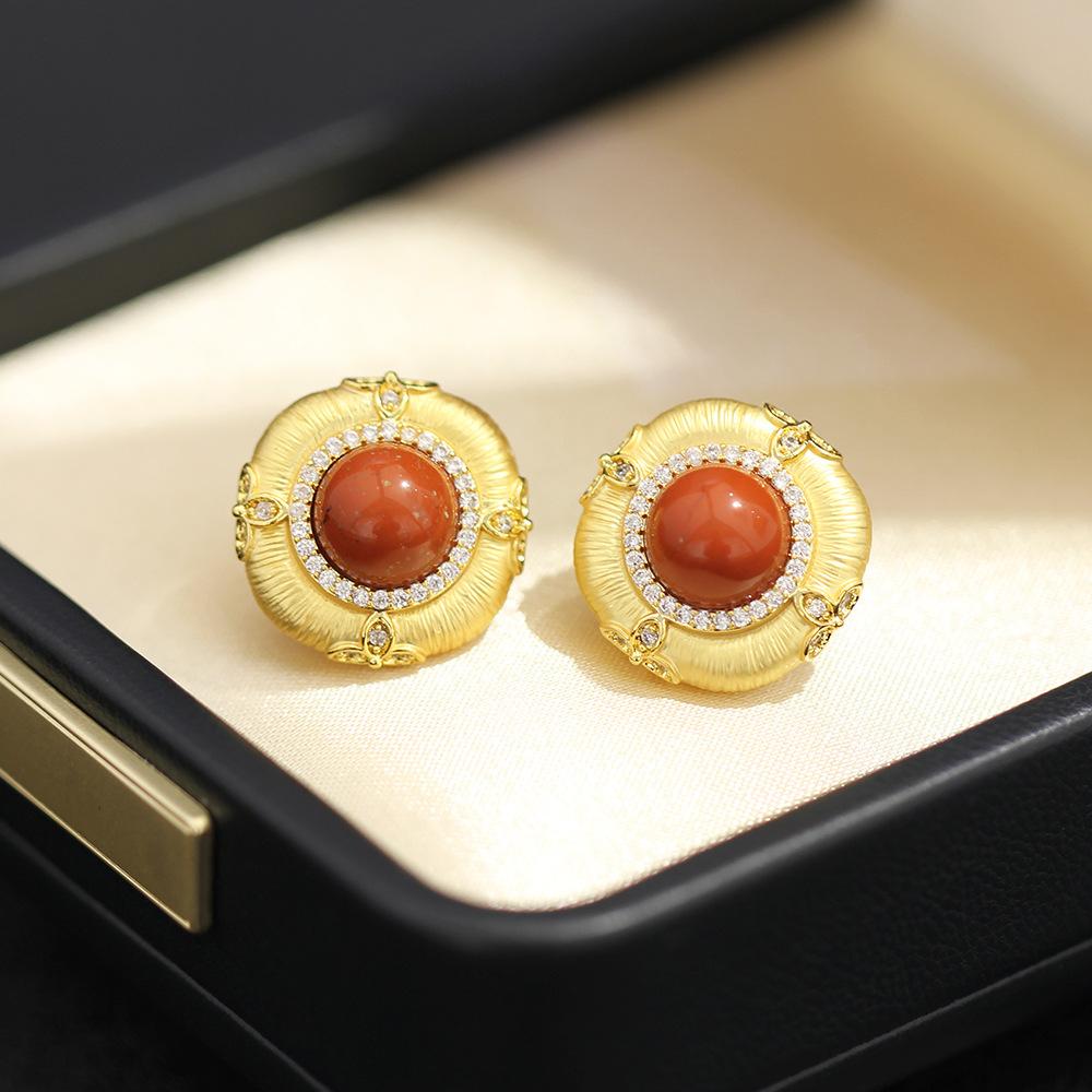 Court vintage style gold brushed craft geometric stud earrings red agate 925 silver needle diamond earrings earrings for women