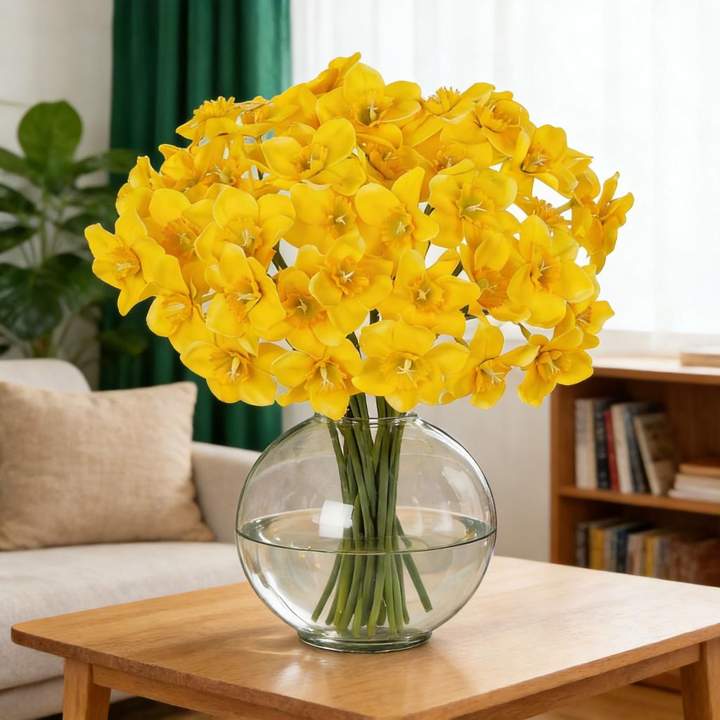 [Realistic | Durable] 15 Realistic Yellow Daffodil Artificial Flowers | Durable Plastic Fake Flowers for Home/Office/Party Decor, Weddings, Festivals