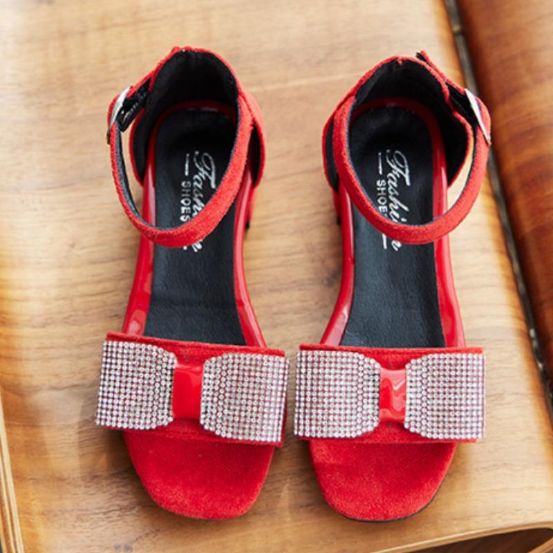 2024 Новые детские сандалии для девочек, симпатичные, со стразами, с открытым носком, дышащие, элегантные, детские, модные, милые, с застежкой-липучкой, на низком каблуке