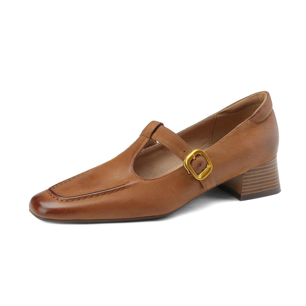 Krazing Pot Sheep Suede Square Toe Chunky Med Heels Summer Shoes Buckle Straps Women Pumps