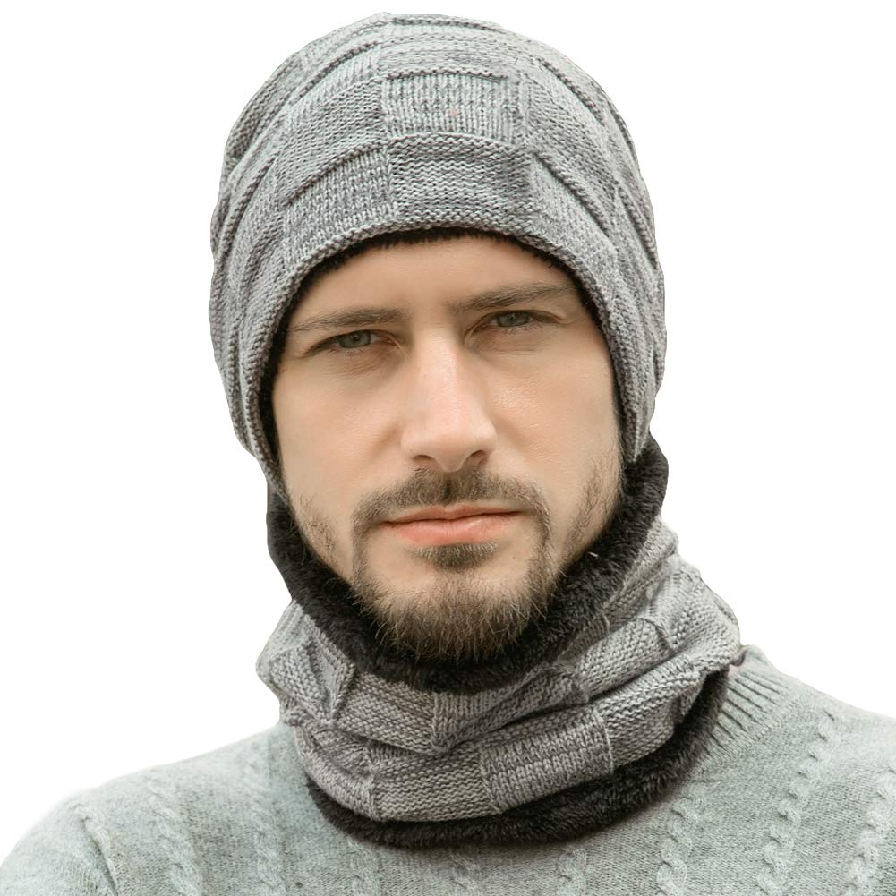 Баф для шеи и вязаная шапка с флисовой подкладкой, теплая, мягкая, эластичная, защита от зимнего холода для катания на лыжах, езды на велосипеде, поездок на работу, серая