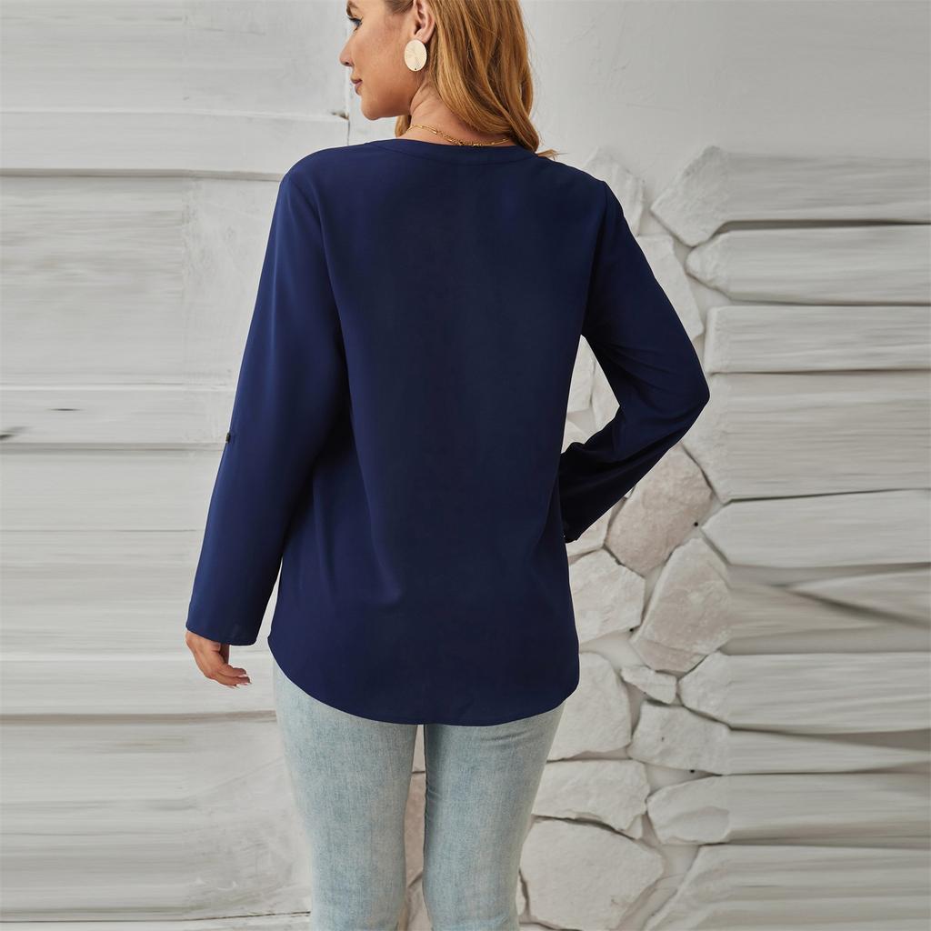 Women's Casual Button V-Neck Solid Color Long Sleeve Top