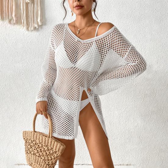 Женская пляжная накидка с V-образным вырезом и длинным рукавом, боковыми разрезами, защита от солнца. Свободный крой, прозрачное прикрывающее платье