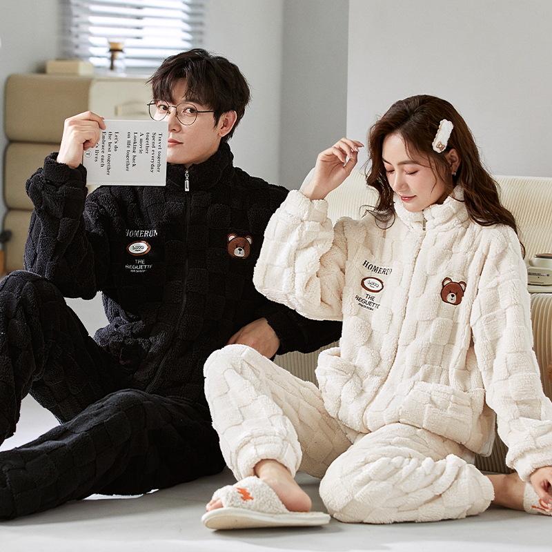 Парный комплект пижамы из кораллового флиса с рисунком - мужская и женская фланель на молнии для осени/зимы