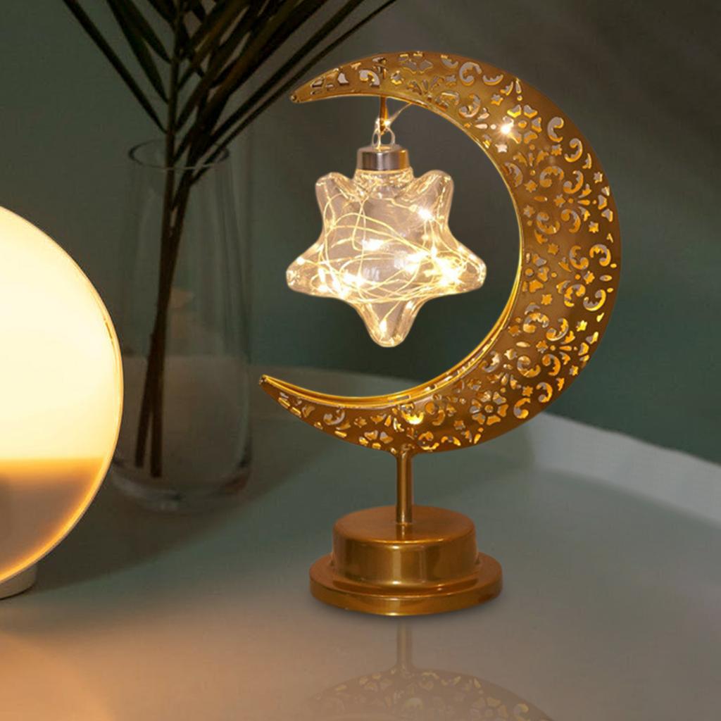 Metal Eid Moon Light Decorations Ramadan Ornament Mubarak Night Light Lamp Warm Light for Muslim Party Festival Islamic Indoor