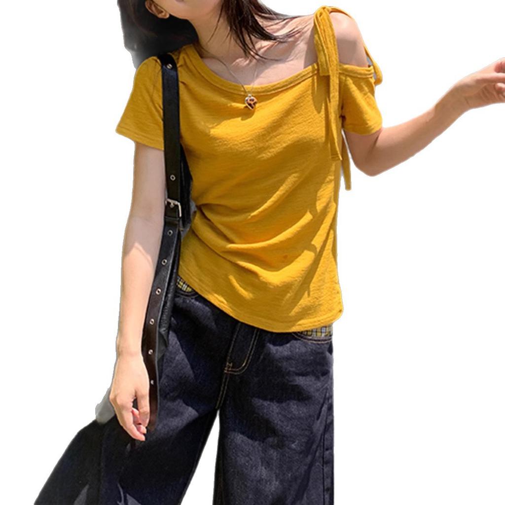 Korean yellow slanted shoulder short-sleeved T-shirt women's summer new thin versatile off-shoulder strap design Spice Girl top