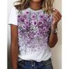 Summer Women's Casual Outdoor Round Neck Short Sleeve Tops Purple Flower Printed Style OverSize Fashion