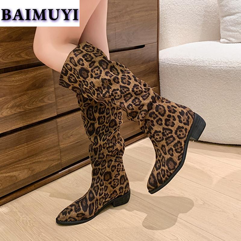 Сексуальные женские туфли с острым носком и леопардовым принтом, высокие сапоги до колена на среднем каблуке, модные тенденции 2025 года, элегантные массивные ботинки челси, туфли-лодочки Mujer Botas