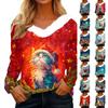 Женский рождественский топ с принтом, длинными рукавами, для вечеринки, с плюшевой отделкой на шее, с V-образным вырезом
