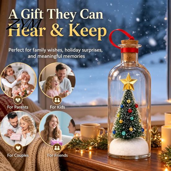 Desktop Christmas Atmosphere Light Recordable Message in A Bottle, Voice Recording Holiday Keepsake with Greeting Gift Playback Cork, Snowy