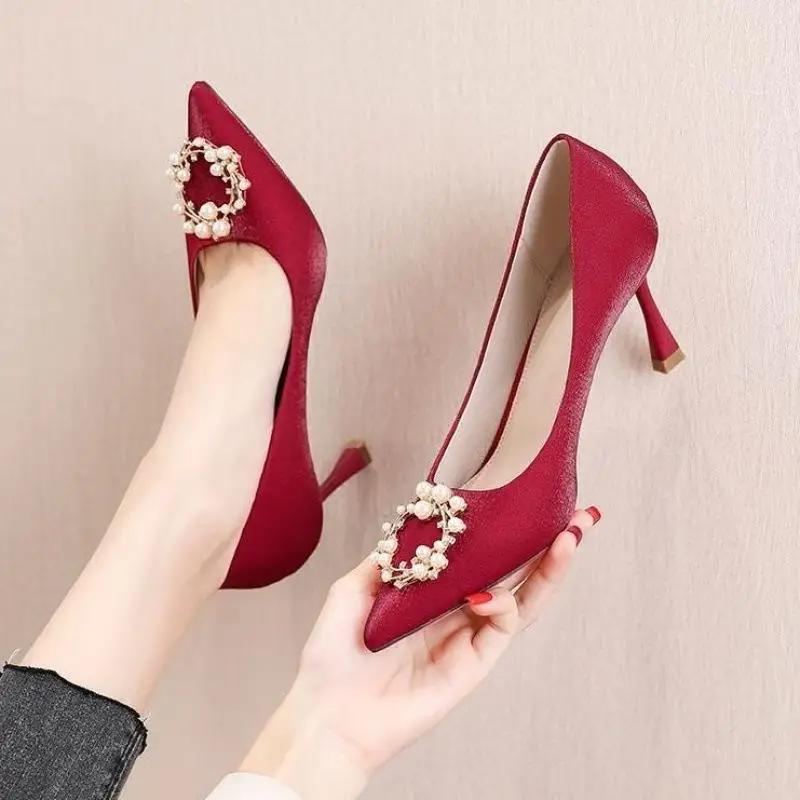 Весна и осень, новые свадебные туфли для подружек невесты, туфли с острыми носами и жемчугом, с бриллиантами, на тонком каблуке, 35–40