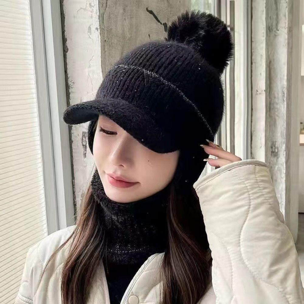 Solid Color Earflaps Hat Windproof Knitted Baseball Hat Fashion Plush Peaked Cap  Ladies