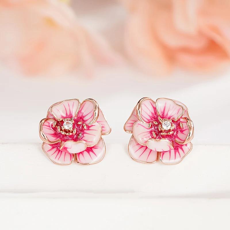 Huitan Romantic Pink Flower Stud Earrings for Women Modern Graceful Piercing Party Zircon Exquisite Temperament Accessories Hot